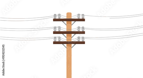 A single wooden utility pole with three horizontal crossarms and white ceramic insulators supports several gray power lines against a plain white background.