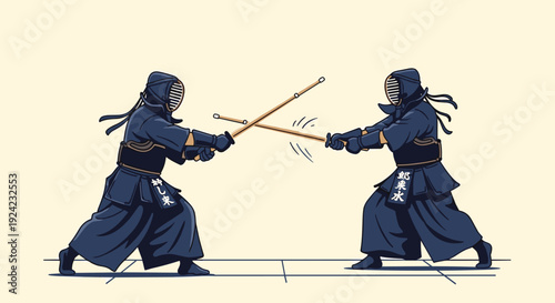 Two kendo fighters wearing traditional bogu armor engage in a dynamic duel with shinai bamboo swords in this Japanese pixel art animation.