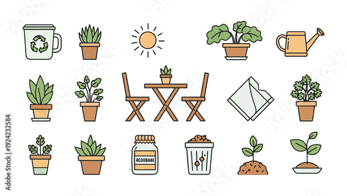 Gardening Icon Set: A vibrant collection of gardening icons, showcasing various elements essential for nurturing life and growth, from watering can to potted plants.