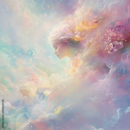 Dreamlike ethereal woman in pastel clouds surreal celestial portrait