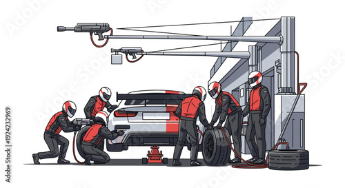 Highly coordinated pit crew in red and black uniforms works with speed and precision to service a race car during a pit stop.