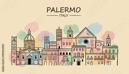 Colorful illustration of Palermo cityscape in Italy with historical buildings and landmarks.