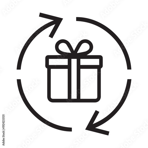 Photos Minimalist black line icon featuring a gift box inside circular arrows, symbolizing easy product returns, gift exchanges, or recurring rewards