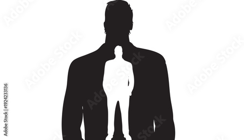 Silhouette man standing inside larger human shadow figure, minimal black and white double exposure concept for identity, confidence, psychology, leadership and self image