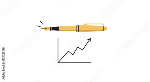 A gold and black fountain pen floats horizontally above a simple line graph with an upward trending arrow on a plain white background.