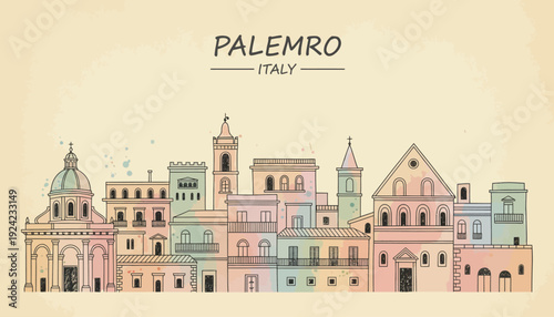Colorful illustration of Palemro Italy cityscape with pastel buildings.