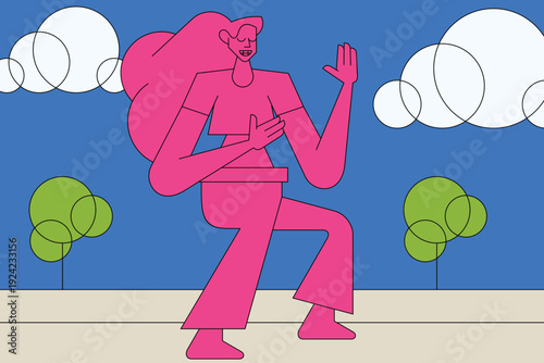 Abstract pink figure with geometric shapes dancing outdoors, cartoon illustration with blue sky, circular clouds, green trees, and beige pavement in playful minimal style.