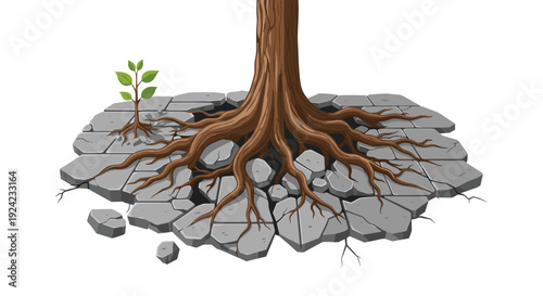 Powerful illustration showing the strong roots of a large tree breaking through stone pavement alongside a young sapling, symbolizing growth and resilience.
