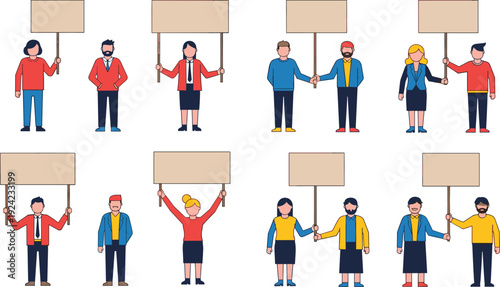 People holding protest signs illustration set showing men and women demonstration characters, social activism protest concept vector collection isolated on white