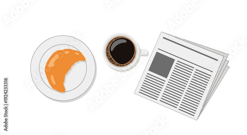 An overhead view of a golden croissant on a white plate next to a cup of black coffee and a folded newspaper on a white background.