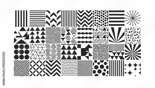 Collection of various black and white geometric patterns and designs.