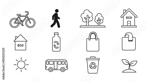 Eco-Friendly Icon Set: A comprehensive collection of ecological icons symbolizing sustainable living and environmental consciousness. 