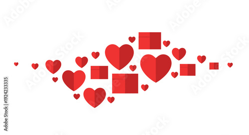 A horizontal collection of various red hearts and square gift boxes of different sizes are scattered across a plain white background.
