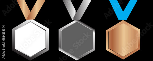 Gold, silver and bronze metal circle frames 3d vector realistic illustration. First, second and third place medals or buttons isolated on white background. Certified. Quality blank, empty badge set.