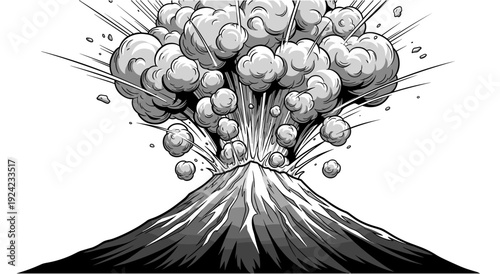 Explosion erupts from volcano peak with clouds and debris erupting upwards illustration
