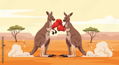 Two kangaroos wearing red boxing gloves face each other in a cartoon fight in the dusty Australian outback landscape.