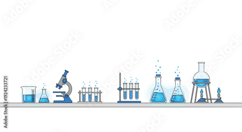 Clean chemistry lab bench with various glassware and bubbling blue liquids.