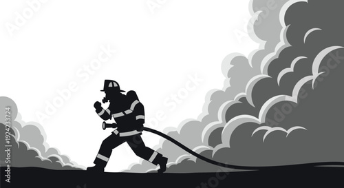 Brave firefighter in full gear and a gas mask is silhouetted against white while battling a huge cloud of dark smoke.