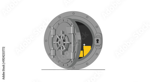A grey circular bank vault door stands open to reveal stacks of golden bars inside a dark compartment against a white background.
