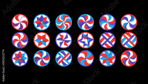 Colorful swirly lollipops arranged in a grid pattern on a black background.