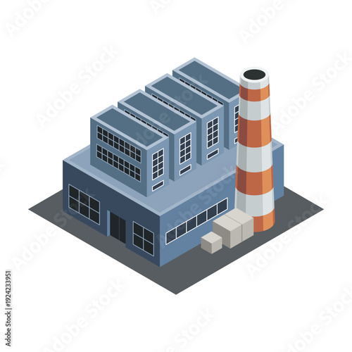 Factory isometric. Industrial bulding. Concept of industrial plant with chimney tower. 3d isolated icon. Architecture of manufacture house. Vector cartoon illustration