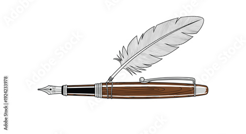 A horizontal illustration of a wooden fountain pen with silver metal parts and a large white feather quill attached to its barrel.