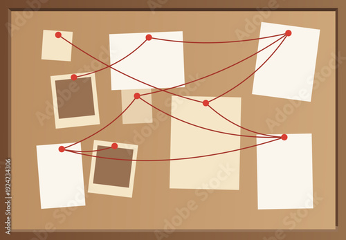 Detective office interior element. Wall board, wits and deduction system. Crime and criminal evidence. Vector flat style cartoon illustration isolated on white background