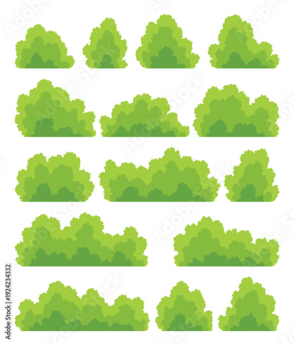 Bushes icon set. Cartoon forest and park shrubbery. Summer nature cartoon objects isolated on white. Landscape scene create element. Vector cartoon illustration