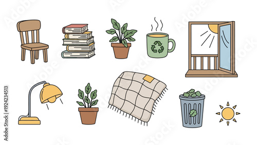 Cozy Interior Elements: An array of delightful elements evokes a sense of comfort and serenity, the composition showcasing simple line art, inviting the viewer into a world of peaceful relaxation.