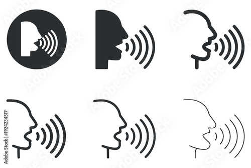 Ultra minimal speaker voice icon set — thin line sound-wave communication icons (vector)