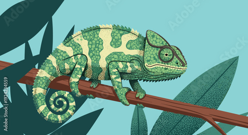 Detailed illustration of a green patterned chameleon with a curled tail resting on a brown branch among lush jungle leaves.