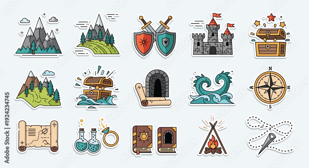 Naklejka premium Collection of fantasy adventure and role-playing game sticker icons featuring a castle, treasure map, magic potions, and mythical elements for storytelling.