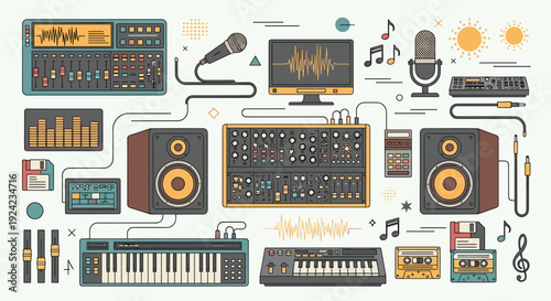 Detailed illustration set of music production and audio engineering equipment, including synthesizers, mixing consoles, speakers, and microphones for sound design.