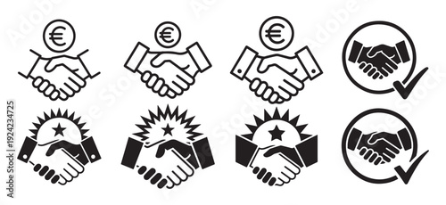 Handshake icon with euro currency and professional achievement star badge. vector illustration eps 10