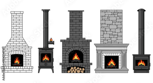 Fireplace and wood stove collection with various brick and stone designs burning logs for home interior heat