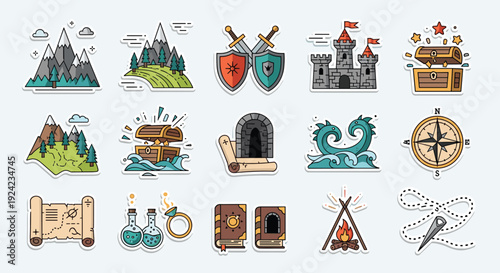 Collection of fantasy adventure and role-playing game sticker icons featuring a castle, treasure map, magic potions, and mythical elements for storytelling.