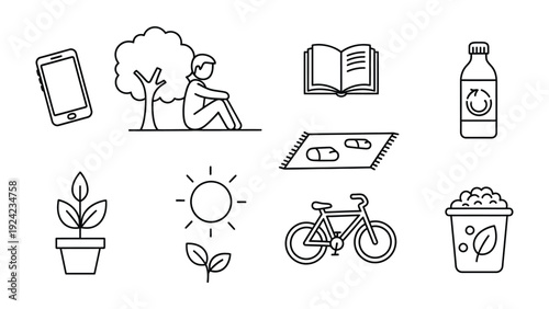 Serene Icons: A collection of simple, elegant icons representing aspects of lifestyle and nature, set against a pristine backdrop. The images evoke a sense of calm and a harmonious living.