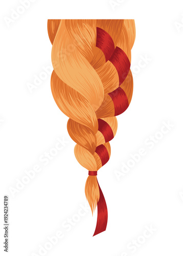 Hair braid. Long female fashion plait. Vector illustration of human hair in natural color. Cartoon art illustration with ribbon isolated on white background