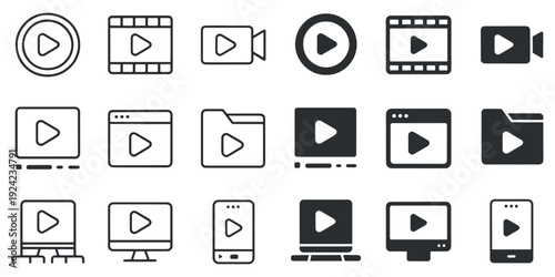Line Video Player and Media Icons Set Outline Style