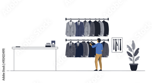 Man in blue shirt inspects suits on a double rack in a clothing store.