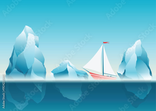 Yacht sailing between icebergs in ocean, cruise trip around rocks in sea, vector illustration. Modern luxury yacht in dangerous environment, sea navigation in arctic sea. Boat travel to ocean iceberg