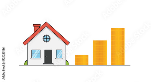 A grey house with a red roof and black door is positioned next to three rising stacks of gold coins against a solid white background.