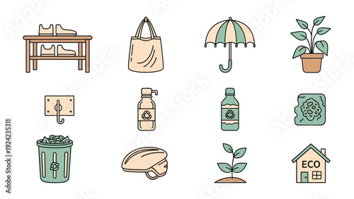 Eco-Friendly Household Essentials: A collection of household items promoting eco-consciousness and sustainable living, featuring a plant, tote bag, umbrella, and recycling elements. 