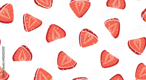 A seamless repeating pattern of red strawberry slices with yellow seeds is displayed across a clean white background.