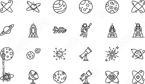 Space Science and Astronomy Outline Icon Set Featuring Planets, Rockets, Astronauts, Telescopes, Atomic Symbols, and Cosmic Exploration Elements for Education and Technology Designs