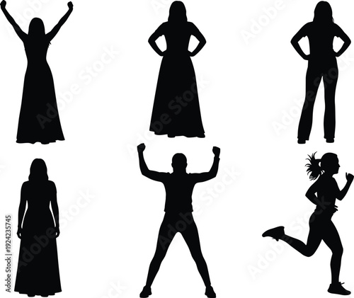 Set of female and male human silhouettes in different poses, black flat vector illustration for lifestyle, fitness, people design