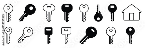 Key Icon Set. Vintage Old Key Silhouette, House Key, Access and Security Symbols for Password Protection and Lock Concept Design.
