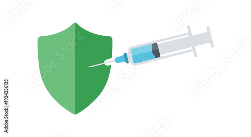 Medical Syringe with Needle and Green Shield Icon