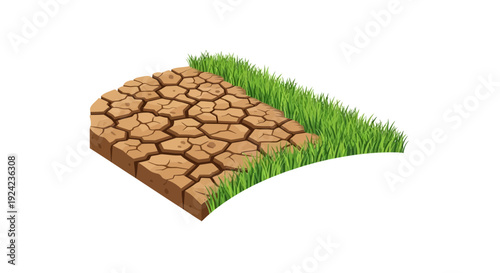Cracked Earth Meets Lush Green Grass - Drought Contrast Concept