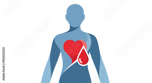 Human Body Silhouette with Red Heart and Blood Drop